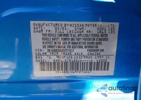 2021 Nissan Sentra Sv Xtronic Cvt from USA, damaged, VIN 3N1AB8CV6MY271017